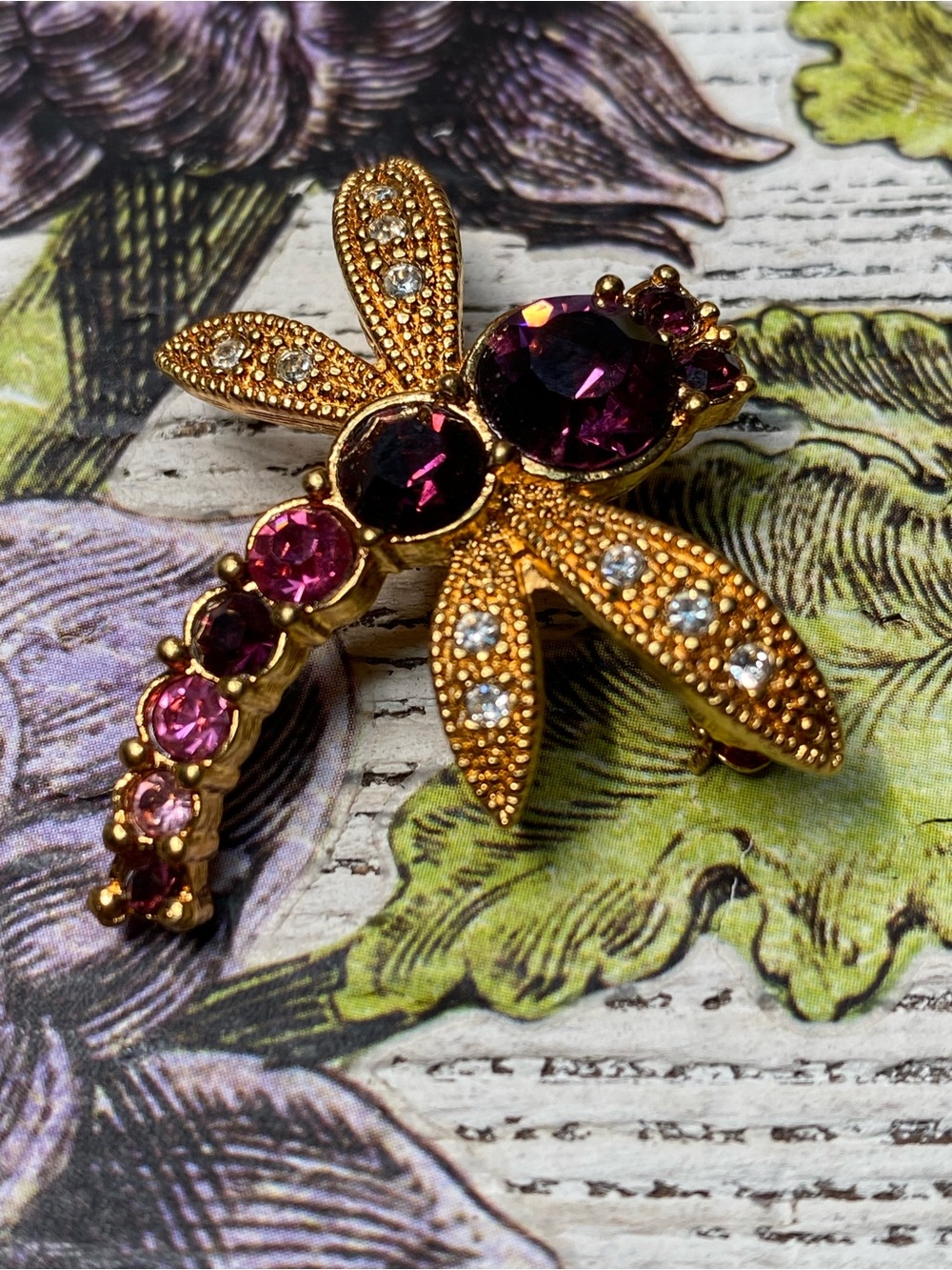 Gold Dragonfly Brooch With Purple and Pink Gemstones Rhinestone Jewelry Pin